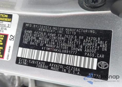 2020 Toyota Camry Se from USA, damaged, VIN 4T1M11AK4LU891777